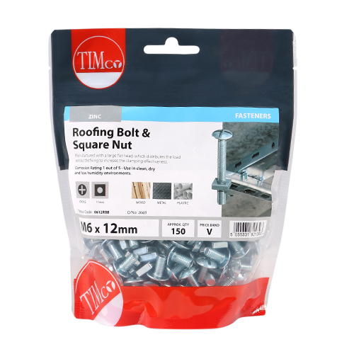 M6 x 12 Roofing Bolt & SQ Nut - BZP