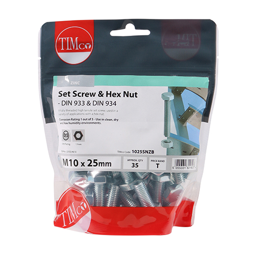 M10 x 25 Set Screw & Hex Nut - BZP