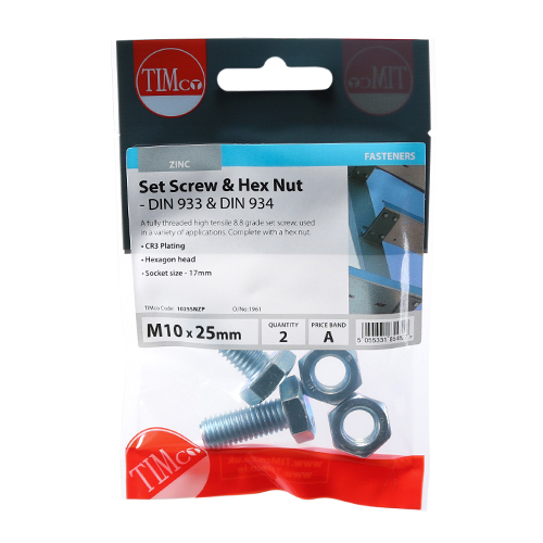 M10 x 25 Set Screw & Hex Nut - BZP