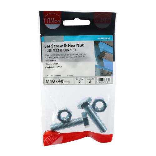 M10 x 40 Set Screw & Hex Nut - BZP