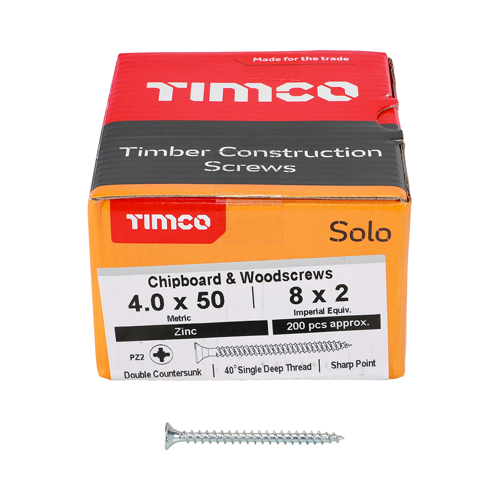 4.0 x 50 Solo Woodscrew PZ2 CSK - BZP