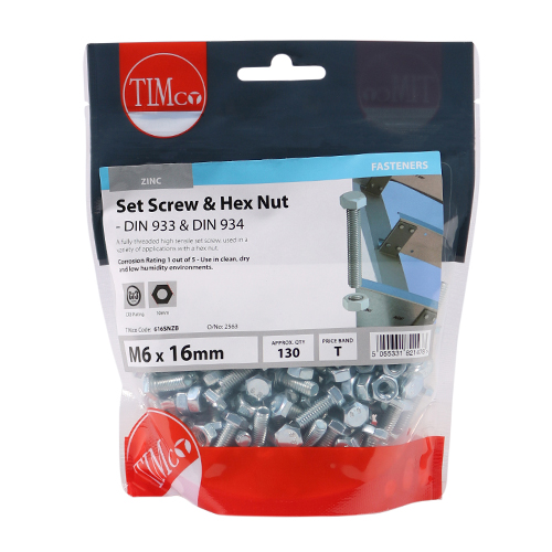 M6 x 16 Set Screw & Hex Nut - BZP