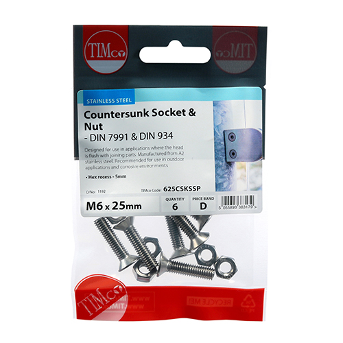 M6 x 25 CSK Socket & Nut - A2 SS