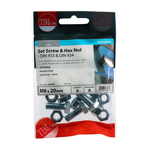 M8 x 20 Set Screw & Hex Nut - BZP