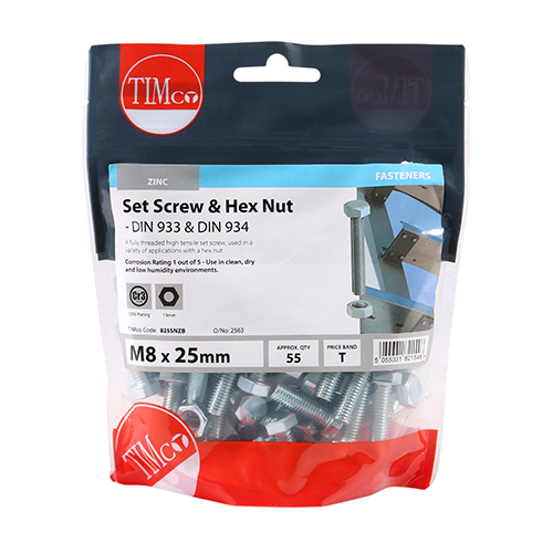 M8 x 25 Set Screw & Hex Nut - BZP