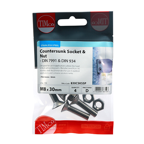 M8 x 30 CSK Socket & Nut - A2 SS