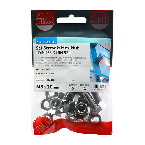 M8 x 20 Set Screw & Hex Nut - A2 SS